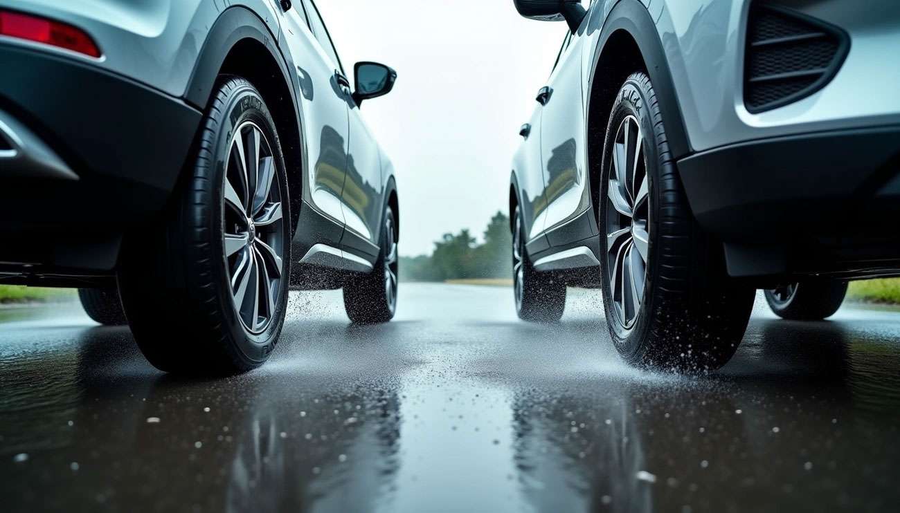 Grafika pokazująca krótszą drogę hamowania nowych opon w porównaniu do starych